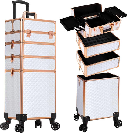Rolling Makeup Train Case 4 in 1 Cosmetology Case on Wheels Large Storage Cosmetic Trolley with Key Salon Barber Case
