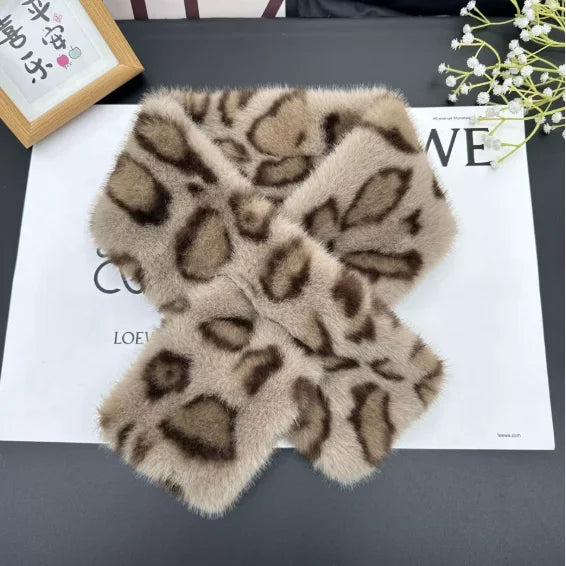 Winter Leopard Faux Rabbit Fur Scarf Women Girls Scarf Soft Plush Scarves Solid Color Neck Collar Warmer Stuff Christma Gift