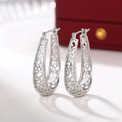 Retro Hollow Carved Scroll Filigree Teardrop Shape Hoop Earrings Oval Loop Earrings for Women Bohemian Party Statement Jewelry
