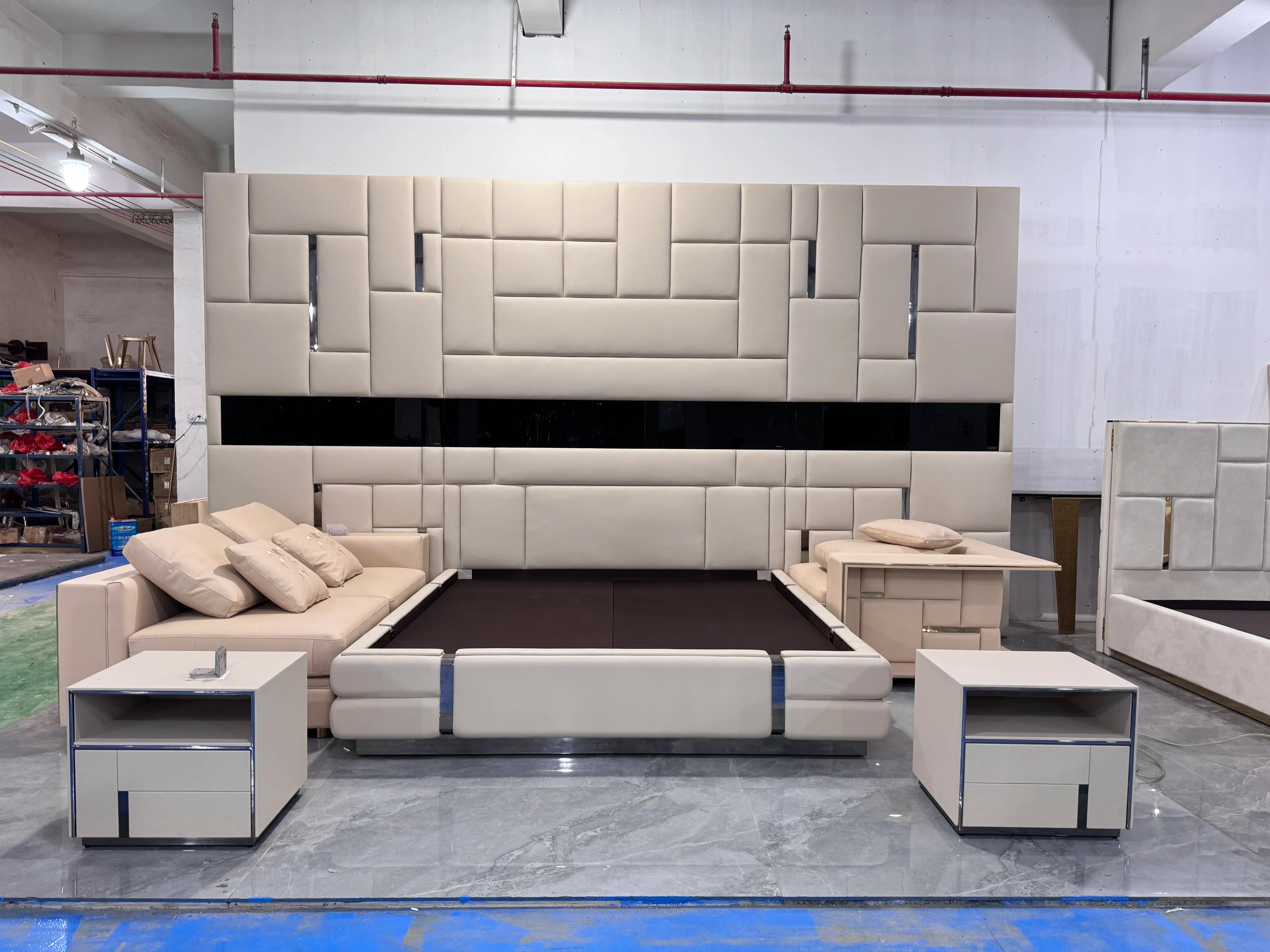 Italian Latest Luxury Bedroom Furniture Set High End Home Leather Double Bed Big Tall Headboard Modern King Size Bed - Kimlud