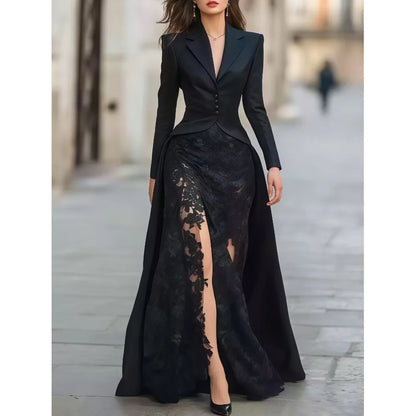 Women Sexy Dress Two Piece Sets Lace Hollow Out Spliced Long Dresses Full Sleeve Tight Waist Gown Evening Vestidos Party...