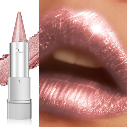 Nude pink pearlescent lipstick, waterproof and long-lasting metallic texture, pearlescent shimmering lipstick, suitable for all