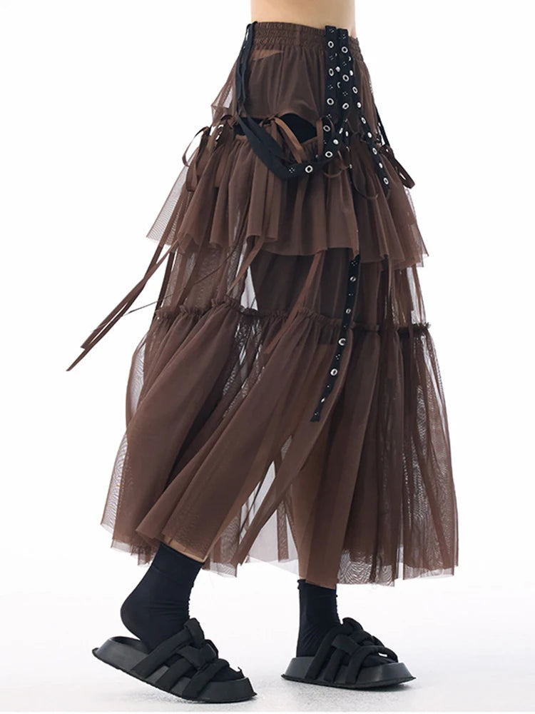 [EAM] High Elastic Waist Coffee Mesh Perspective Ribbon Strap Half-body Skirt Women Fashion Tide New Spring Autumn 2026 1DJ5044