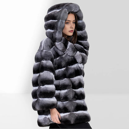 Women's Winter Jacket Real Rex Rabbit Fur Jacket With Hood Chinchilla Color Fur Coat High Quality Genuine Leather Jackets