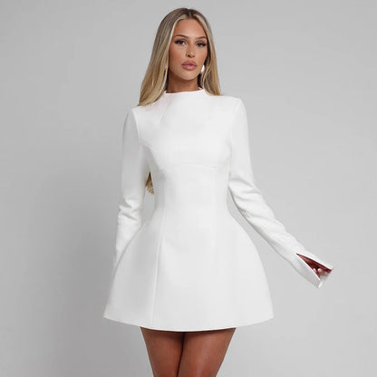 Women's New in dress novelty 2025 long sleeve Short dresses elegant party Casual Simple solid white black fashion Backless skirt - Kimlud