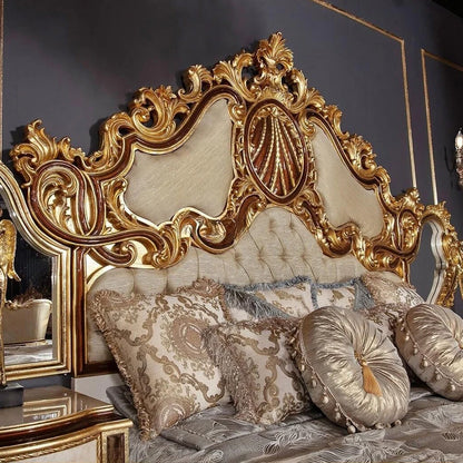 Elegant Hand Carving Design Vintage Gold Wooden King Queen Bed Classical Fabric Upholstered Luxury Bedroom Furniture - Kimlud
