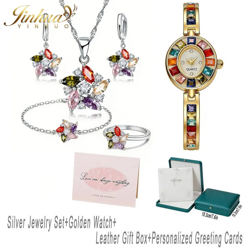 26 Wellness Jewelry Set 925 Sterling Silver Windmill Colorful Good Lucky CZ Necklace Earrings Bracelet Ring+Gift Box For Women