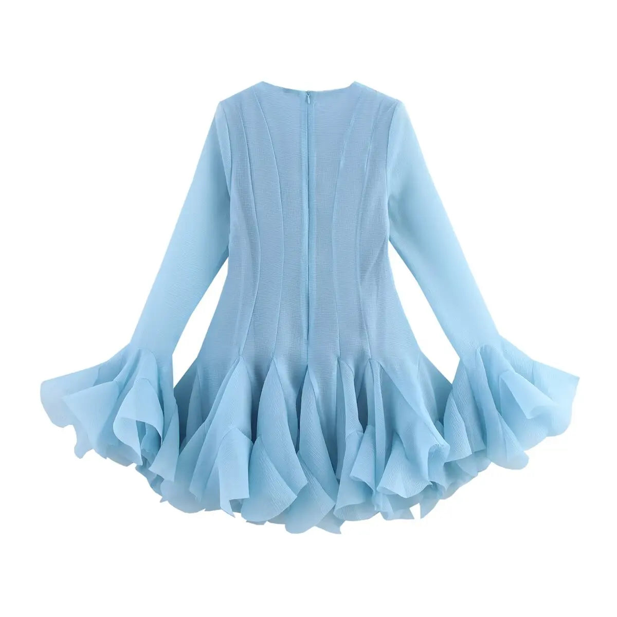 2026 Summer Women's Elegant Multi-Layered Ruffled Hem Mini Dresses Lady Sweet French Style Long Flare Sleeve Slim Fit Puffy Robe - Kimlud