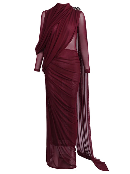 Sexy Long Sleeve O Neck Pleated Draped Long Dress Women Burgundy Mesh Patchwork Folds Slim Runway Celebrity Evening...