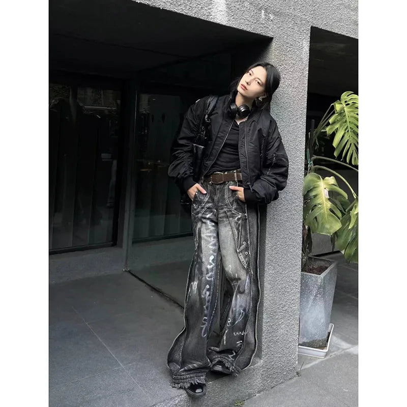 Women's Black Gothic Jeans Harajuku Y2k 90s Aesthetic Baggy Denim Trousers Korean Punk Jean Pants Vintage 2000s Trashy Clothes