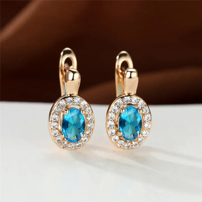 Cute Female Rose Gold Color Crystal Blue Stone Earrings Dainty Oval Zircon Wedding Jewelry For Women | Kimlud Mid Range...