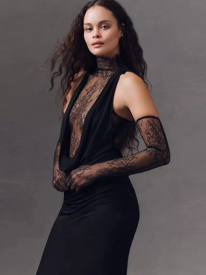 Sexy Sleeveless High Neck Lace Patchwork Long Dress with Gloves Women Black Hollow Out Buttons Evening Club Party Maxi...