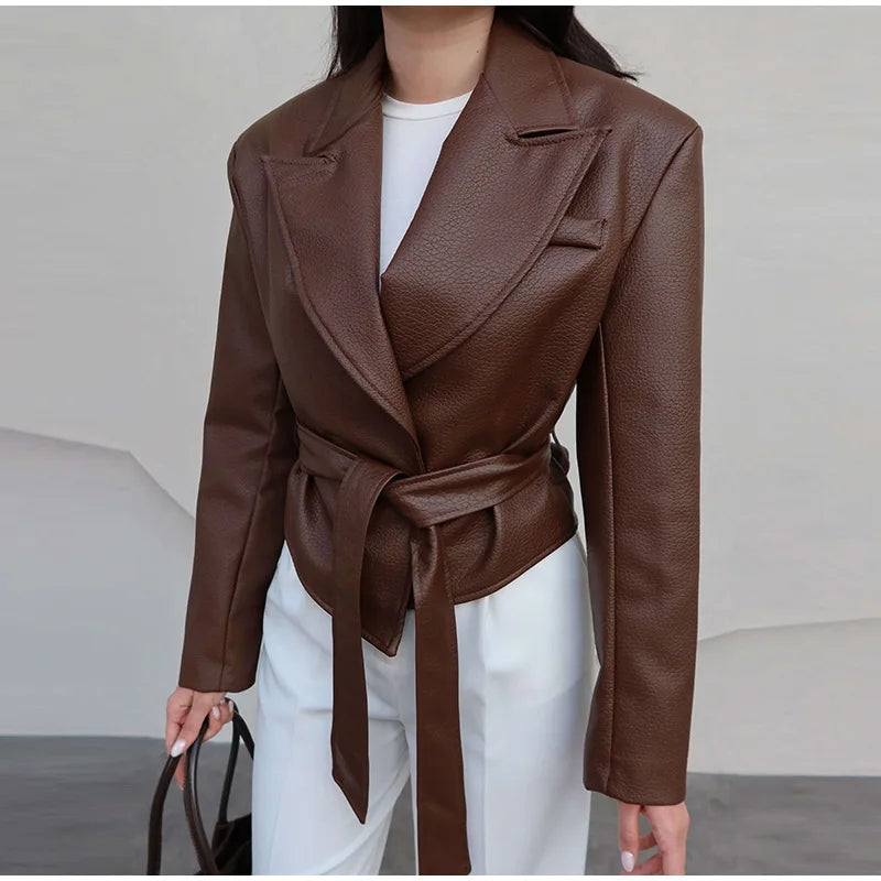 Vintage Pu Leather Belted Jackets Women's Slim Full Sleeve Lapel Short Overcoat 2025 New Autumn Winter Ladies Solid Streetwear
