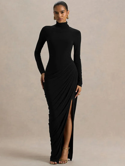 Mozision Turtleneck Long Sleeve Sexy Maxi Dress Women Elegant Autumn Winter High Waist Ruched Thigh High Split Club Long Dress