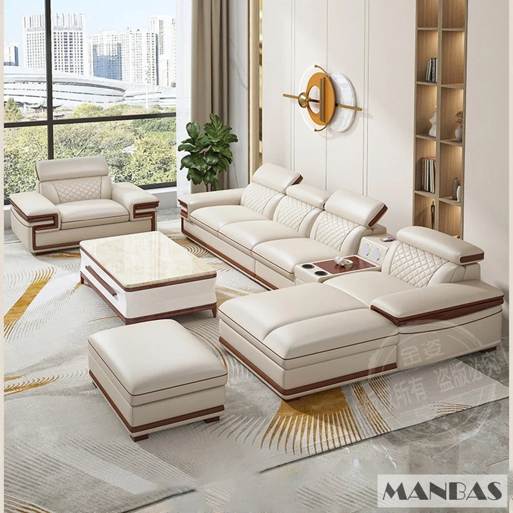 Linlamlim Premium Italian Genuine Leather Sofa Set for Living Room with Adjustable Headrests, Bluetooth Speaker, Wireless Charge