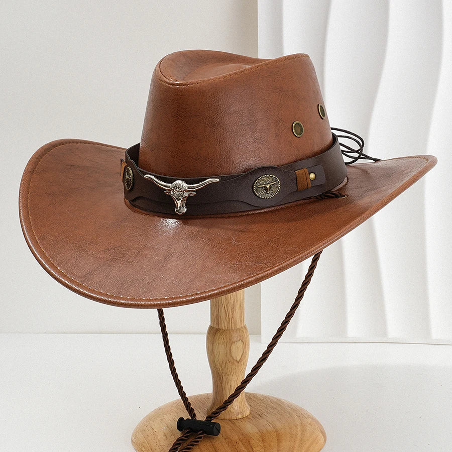 Unisex Vintage Faux Leather Western Cowboy Hat Outdoor Gentleman Cowgirl Jazz Cap Sombrero Hombre