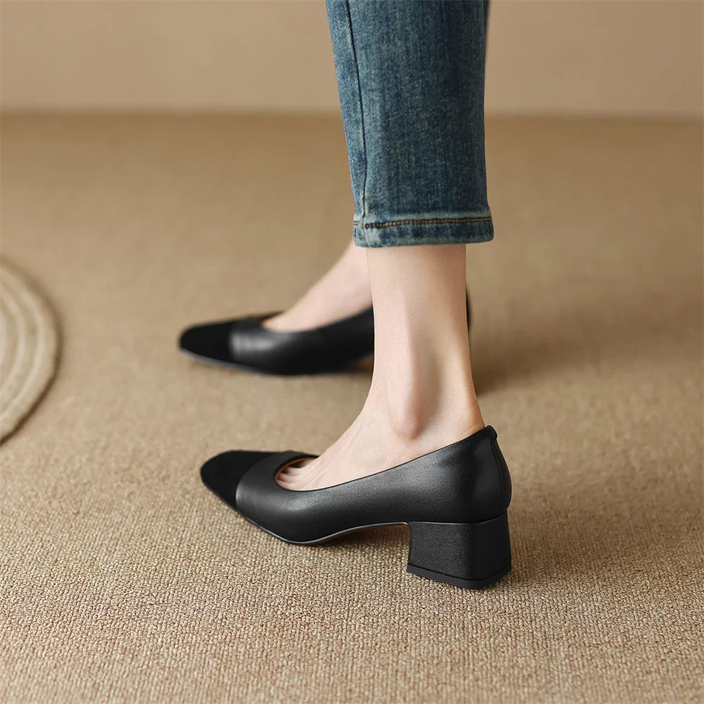 danxuefei plus size 34-42 women's genuine leather square toe slip-on pumps OL style elegant ladies 5cm thick low heel shoes sale - Kimlud