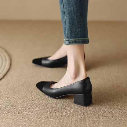 danxuefei plus size 34-42 women's genuine leather square toe slip-on pumps OL style elegant ladies 5cm thick low heel shoes sale - Kimlud