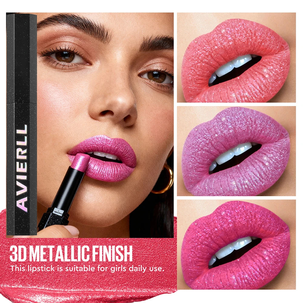 Diamond Shiny Lipstick Highly Pigmented Metallic Pearl Lipstick Waterproof Long-Lasting Makeup Sparkle Radiant All Day Cosmetic