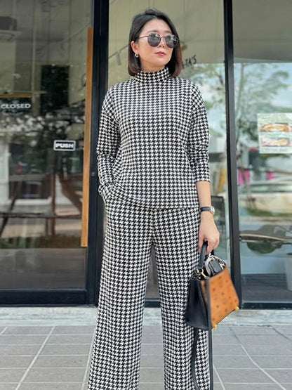 Houndstooth Half High Neck Top Pant Suit Women Color Blocking Full Sleeve Oversized Tops Leg Loose Pants Sets Lady Spring Set - Kimlud