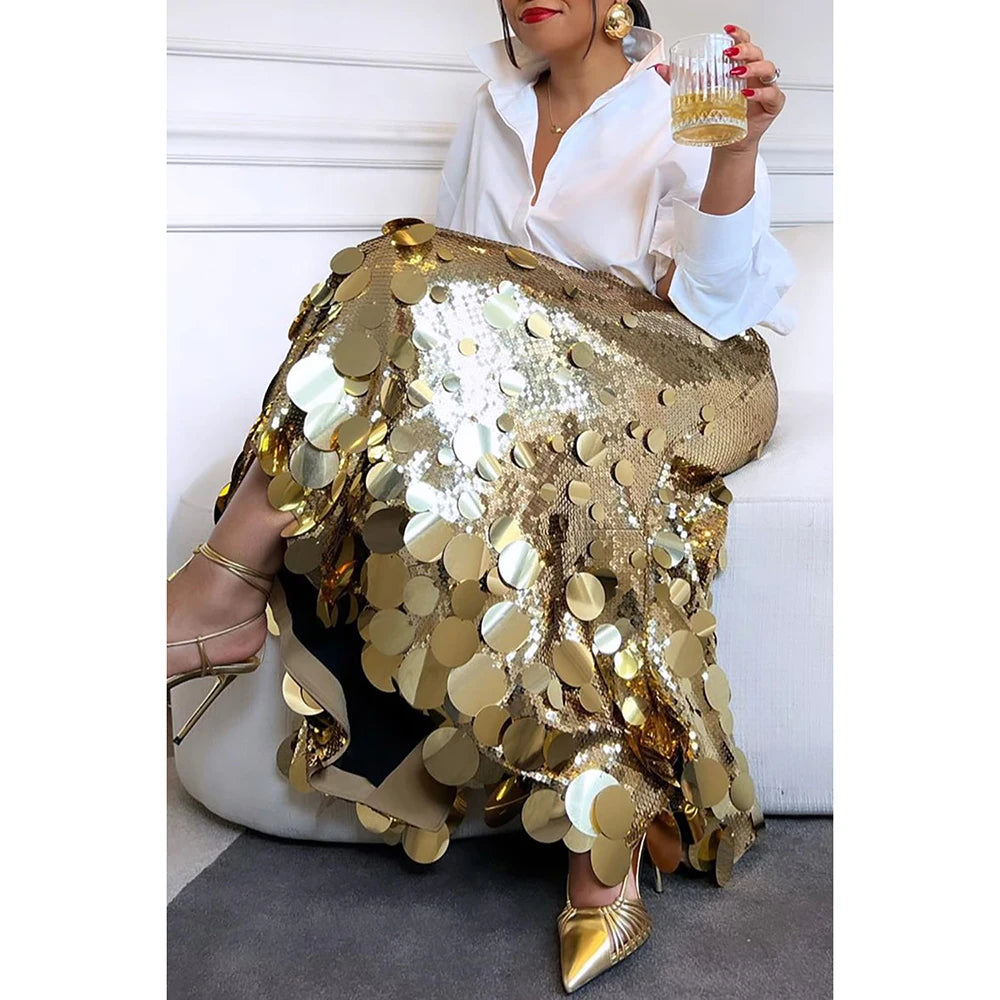 Sequins A-Line Women Plus Size Skirt Elegant High Waist Luxury Loose Irregular Hem 2025 Summer New Party Evening Cocktail Skirts