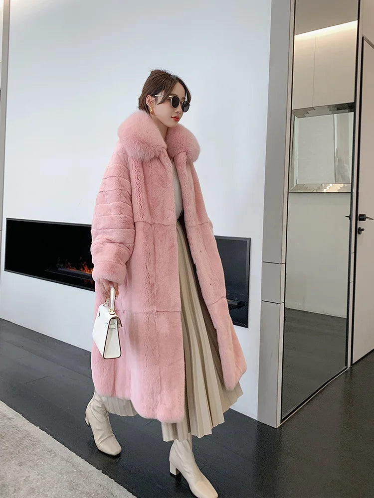 Women X-long Whole Skin Rex Rabbit Fur Coat Luxury High-end Natural Fur Jacket Oversized Genuine Fox Fur Collar