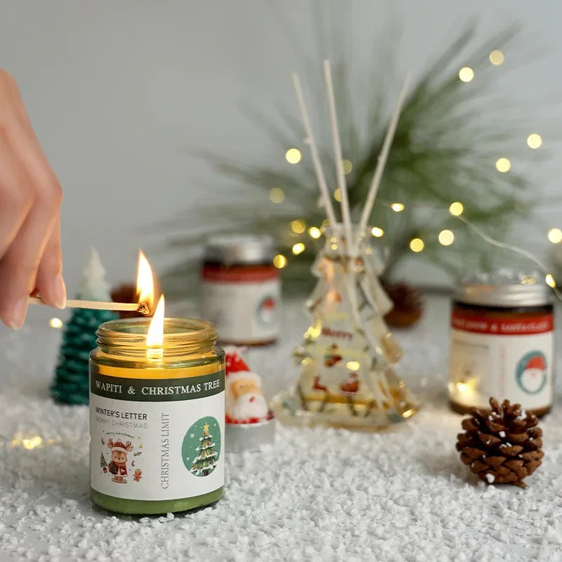Christmas Scented Candle in Glass Aromatic Xmas Candles Guest Gift Candle Jar Freesia Ebony Scent - Kimlud