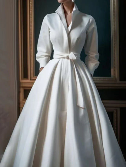 Women Elegant Shirt Dress Long Sleeve Stand Collar White Minimalist A-Line Pleated Wedding Guest Long Dresses with Blet...