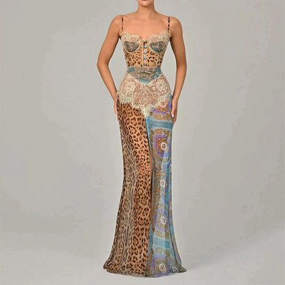Summer Beach Leopard Print Dress Sexy Lace Split Patchwork Chiffon Dresses Women Elegant Sleeveless Backless Beach Evening Gowns