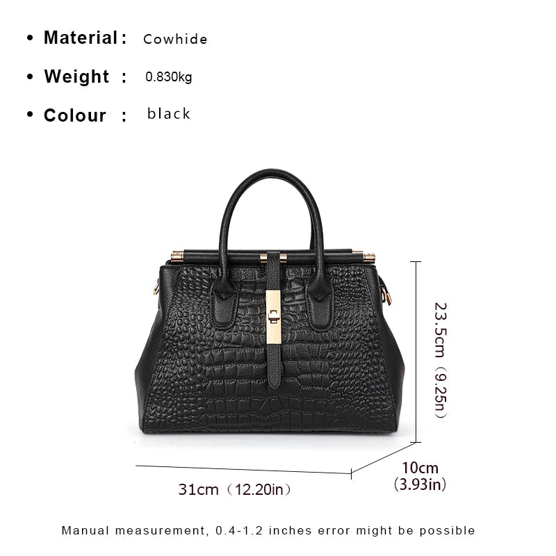 Aidrani  Genuine leather women's handbag, large capacity crocodile patterned cowhide bag, black