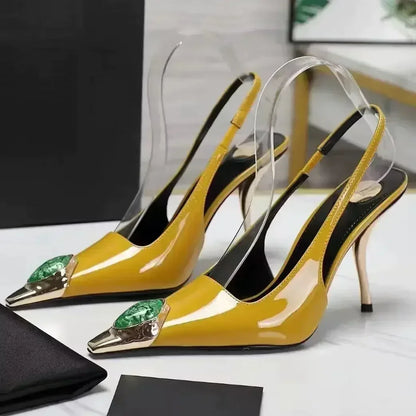 Luxury Metal Jewel Decoration Heels Women 2025 Sexy Pointed Toe Patent Leather Women Pumps Elegant Banquet High Heeled Sandals - Kimlud