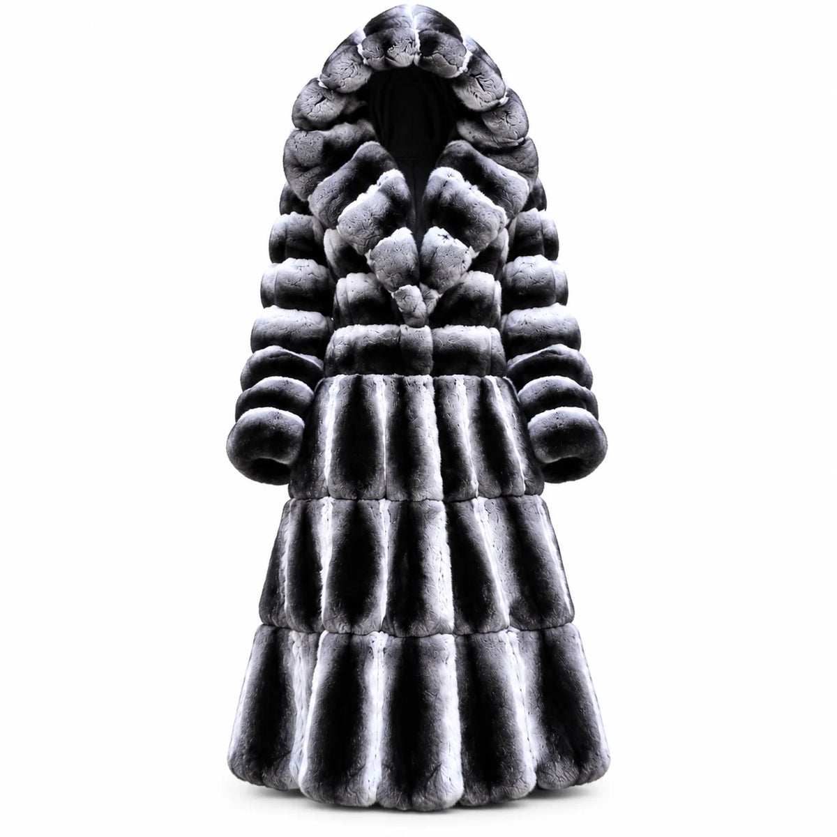 Women's Luxury Long Fur Coat Hooded Black Grey Gradient Winter Warm Thick Plush Jacket Elegant Fashion Outerwear