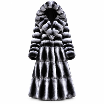 Women's Luxury Long Fur Coat Hooded Black Grey Gradient Winter Warm Thick Plush Jacket Elegant Fashion Outerwear