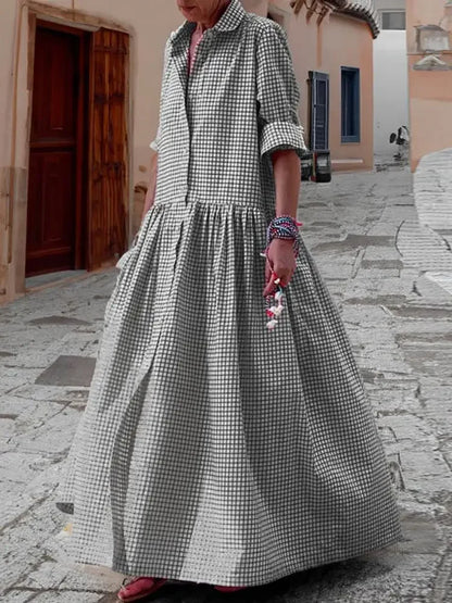 DSMTRC 2024 New Spring Autumn Long Sleeve Loose Button Casual Maxi Dresses Woman Korean Fashion Plaid Pleated Lapel Shirts Dress