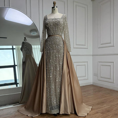 Serene Hill Customized Arabic Caramel Mermaid With Overskirt Beaded Evening Dresses Luxury Gowns For Formal Occasion...