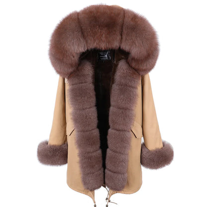 MAOMAOKONG 2024 Winter Women Coat Natural Fox Fur Collar Cuff Black Jackets Outwear Thick Luxury Real Fur Parka Women's Fur Coat