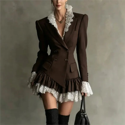 Autumn Lapel Double‑Breasted Lace Ruffle Mini Dresses Women Fashion Long Sleeve Short Dress Elegant Ladies Party...