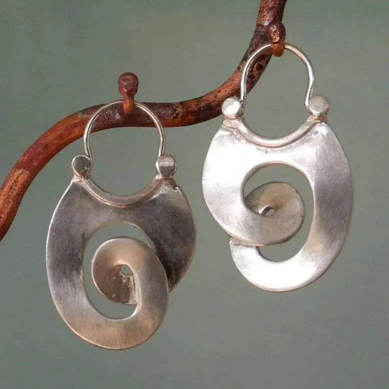 Gypsy Curl Metal Hoop Earrings for Women Jewelry Tribal Silver Color Hollow Spiral Winding Hanging Dangle Earrings - Kimlud