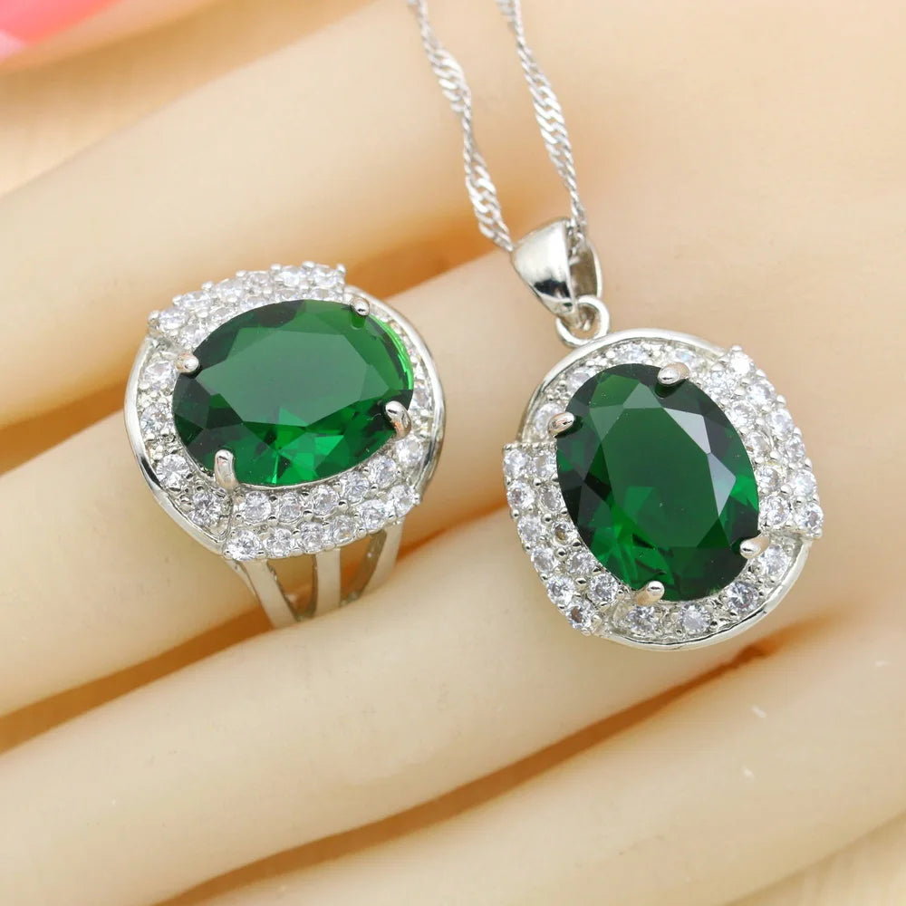 925 Silver Jewelry Sets Green Zirconia Necklace Pendant Hoop Earrings Ring Bracelet For Women Gift Box