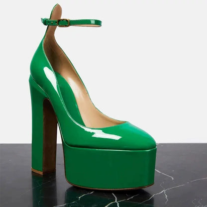 Europe And America Ultra High Heels Platform Women's Sandals Round Toe Crude Heel Female Pumps Patent Leather Lady Single Shoes - Kimlud