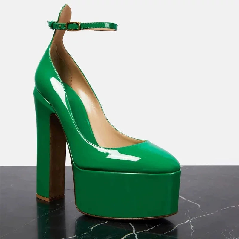 Europe And America Ultra High Heels Platform Women's Sandals Round Toe Crude Heel Female Pumps Patent Leather Lady Single Shoes - Kimlud