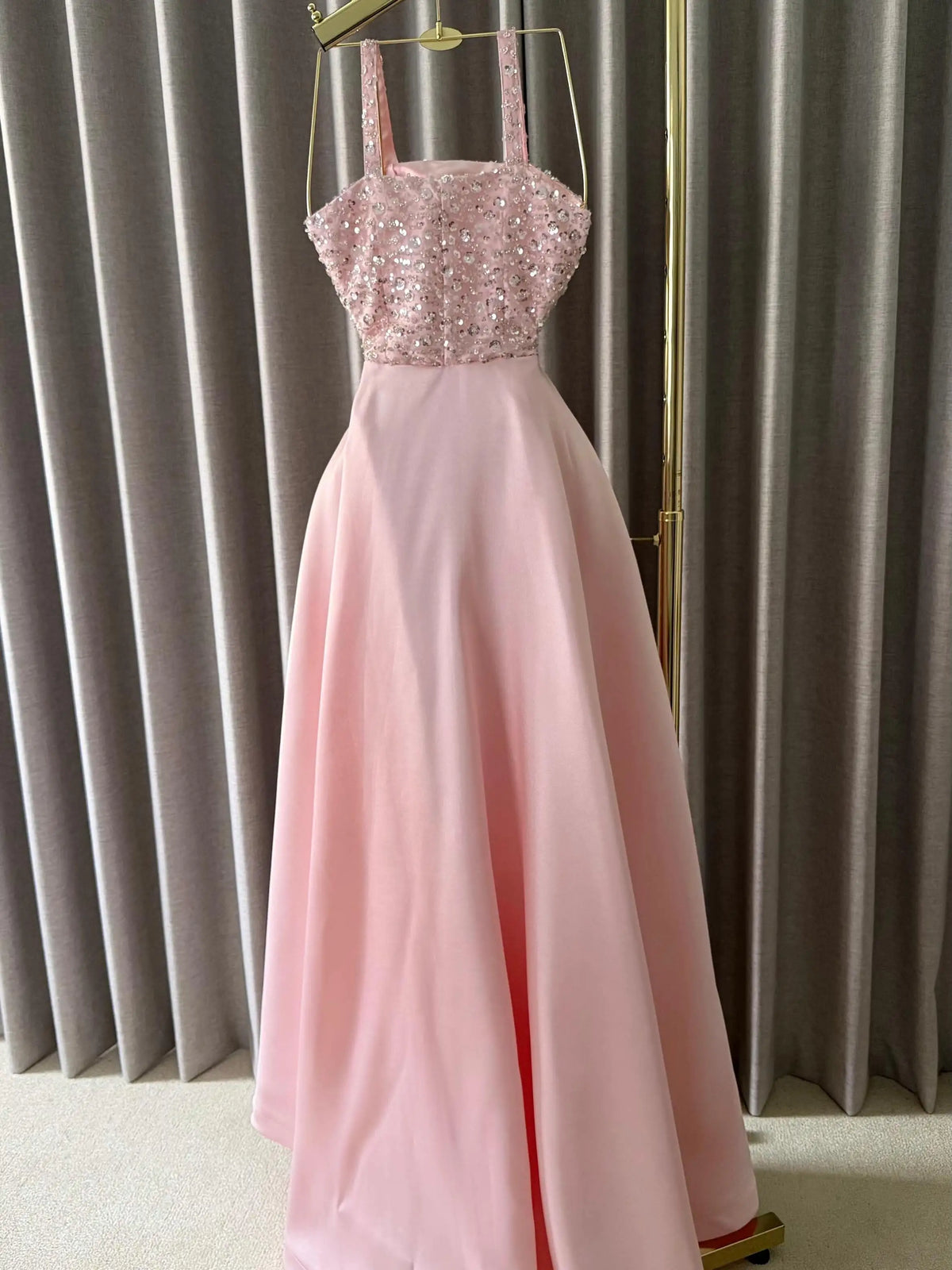 Ofherown Spaghetti Strap Pink Sequins Beaded Evening Dress Satin Train Long Prom Gown Wedding Party Formal Dress