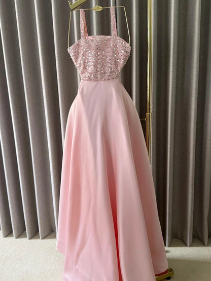 Ofherown Spaghetti Strap Pink Sequins Beaded Evening Dress Satin Train Long Prom Gown Wedding Party Formal Dress
