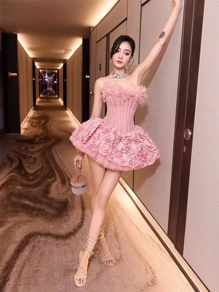 Sexy Strapless Flower Lace A-line Mini Dress Women Red Sleeveless Backless Floral Slim Dresses Evening Party Cocktail...