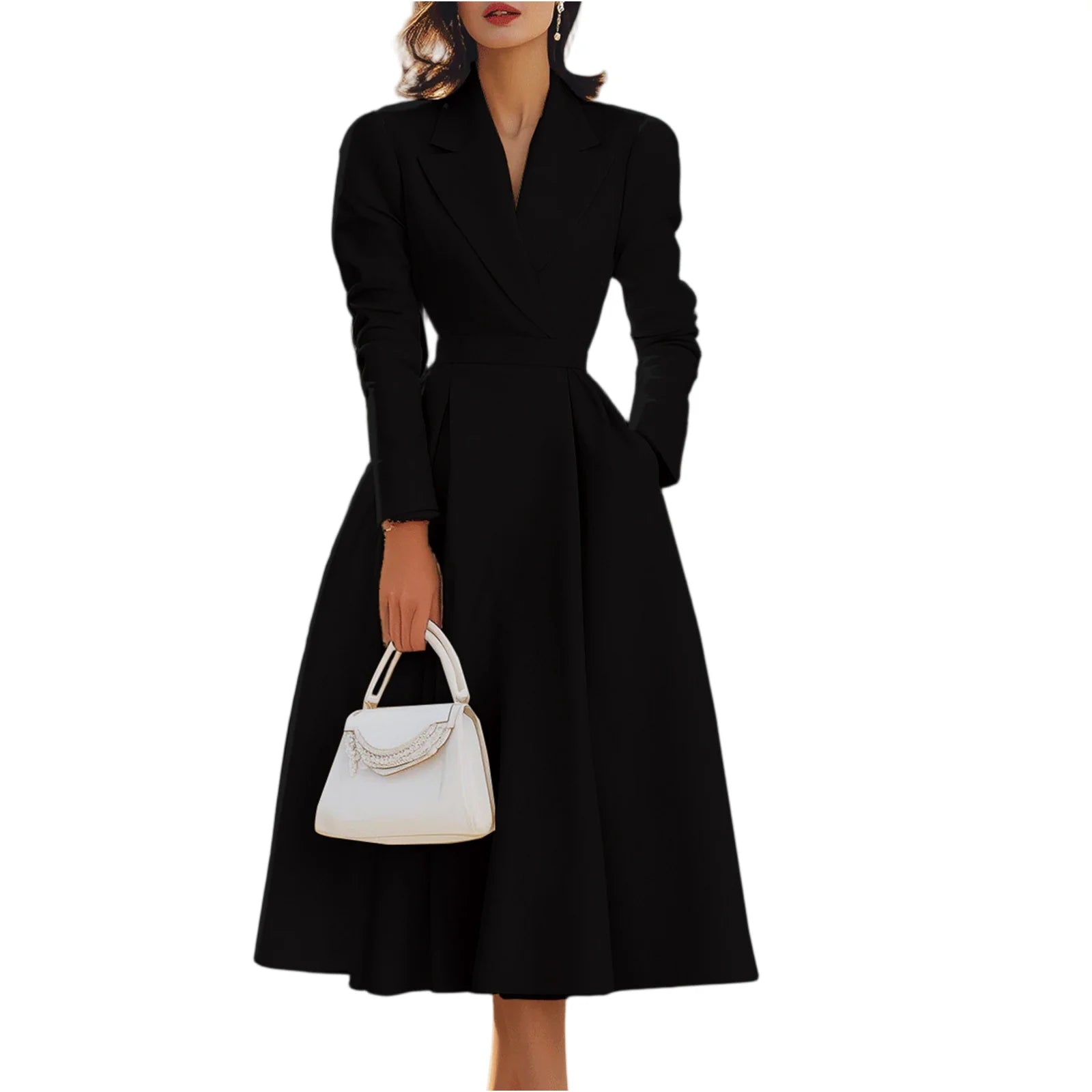 Autumn Winter Women's Elegant Long Dresses Fashion Solid-Color French V-Neck Waist-Cinching Evening Dress Ladies' Party...