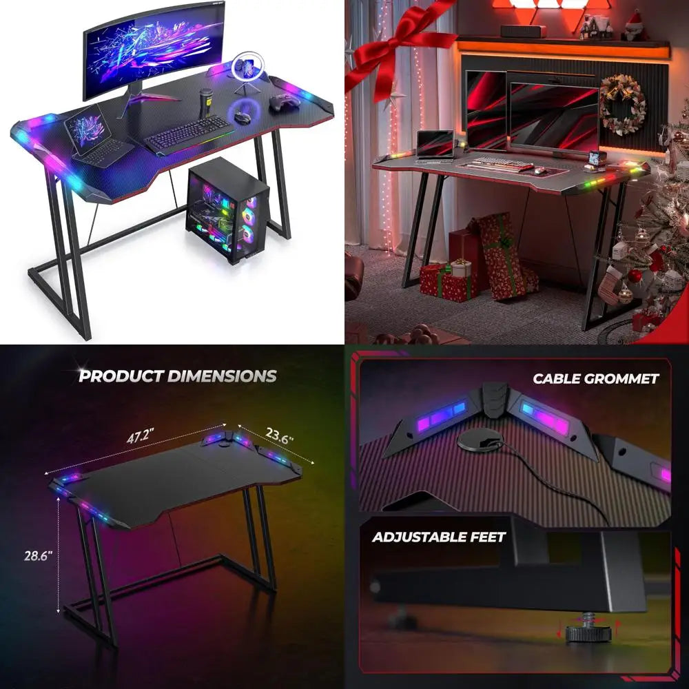 LED-Illuminated 47 Z-Shaped Gaming Desk with Carbon Fiber Surface for Ergonomic Home Gaming