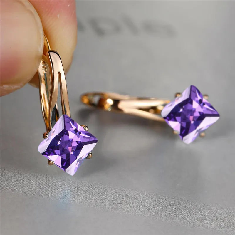 Cute Female Champagne Square Jewelry Luxury Crystal Zircon Stone Hoop Earring Rose Gold Color Wedding Earrings For Women
