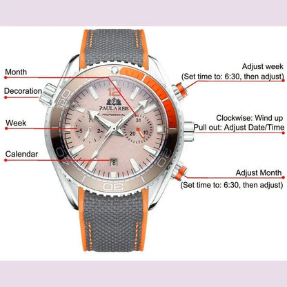 Automatic Watch for Men Mechanical Canvas Rubber Strap Orange Blue Red Multifunction Date Month Reloj Hombre Baratos