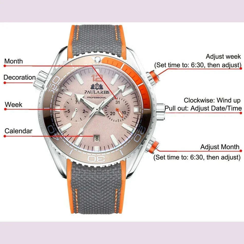 Automatic Watch for Men Mechanical Canvas Rubber Strap Orange Blue Red Multifunction Date Month Reloj Hombre Baratos