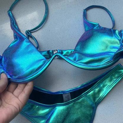 Sexy Triangle Bikini 2022 holographic Blue Push Up Extreme Thong Swimwear Brazilian Bandage Bathing Suit Swimsuit Micro Biquini - Kimlud